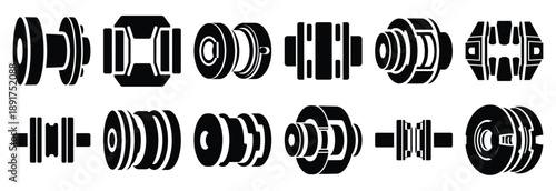 machine coupling joint silhouette vector icons set, industrial machinery parts abstract mechanical illustration.