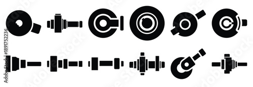 machine eccentric cam silhouette vector icons set, industrial machinery parts abstract mechanical illustration.
