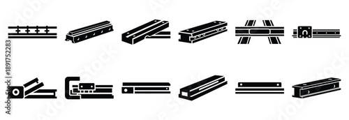 machine guide rail silhouette vector icons set, industrial machinery parts abstract mechanical illustration.