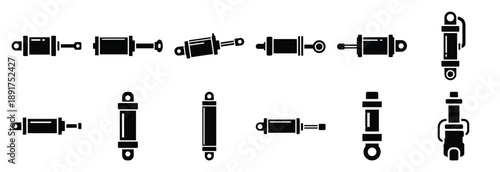 machine hydraulic cylinder silhouette vector icons set, industrial machinery parts abstract mechanical illustration.