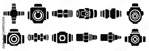 machine hydraulic connector silhouette vector icons set, industrial machinery parts abstract mechanical illustration.