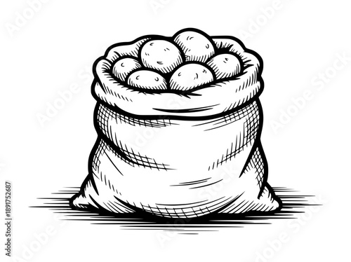 Hand drawn of a burlap sack filled with potatoes a white background food harvest