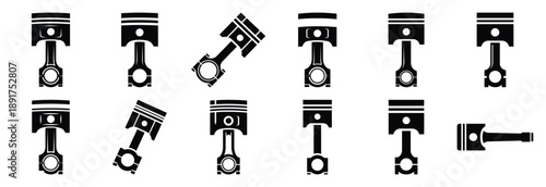 machine piston rod silhouette vector icons set, industrial machinery parts abstract mechanical illustration.