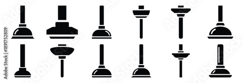 machine plunger silhouette vector icons set, industrial machinery parts abstract mechanical illustration.