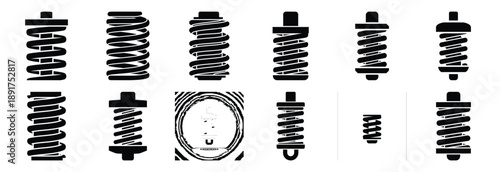 machine pressure spring silhouette vector icons set, industrial machinery parts abstract mechanical illustration.