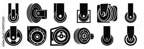 machine pulley silhouette vector icons set, industrial machinery parts abstract mechanical illustration.