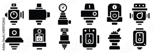 machine pressure switch silhouette vector icons set, industrial machinery parts abstract mechanical illustration.