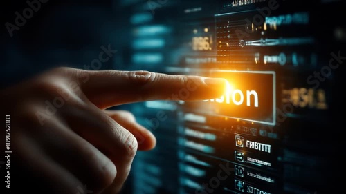 Finger pointing at glowing digital data screen with numbers, abstract background