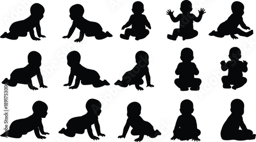 Black silhouettes of babies in various crawling and sitting positions baby