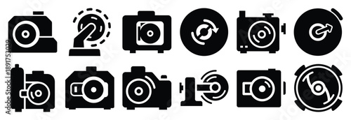 machine rotating disc silhouette vector icons set, industrial machinery parts abstract mechanical illustration.
