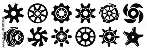machine rotating hub silhouette vector icons set, industrial machinery parts abstract mechanical illustration.