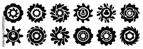 machine rotor silhouette vector icons set, industrial machinery parts abstract mechanical illustration.