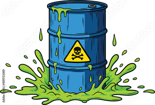 Blue metal barrel with yellow hazard symbol and green toxic waste blue barrel skull and crossbones pollution