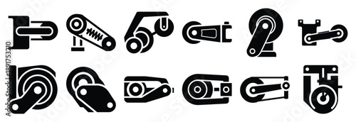 machine tensioner silhouette vector icons set, industrial machinery parts abstract mechanical illustration.