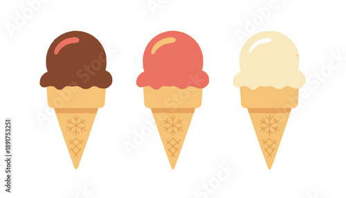 Scoops of ice cream in waffle cones chocolate strawberry vanilla flavors