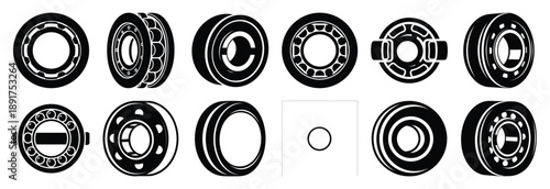 machine thrust bearing silhouette vector icons set, industrial machinery parts abstract mechanical illustration.