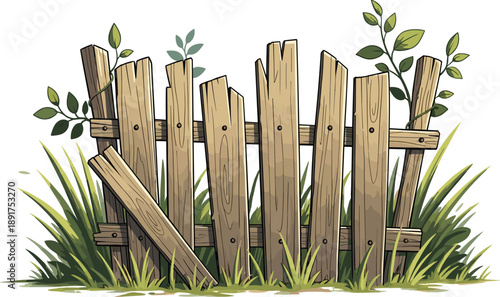 Broken wooden fence with grass and plants growing around it broken fence old fence