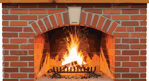Burning fire in a brick fireplace with wood and sparks flames