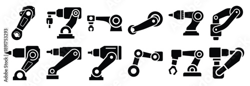 machine torque arm silhouette vector icons set, industrial machinery parts abstract mechanical illustration.