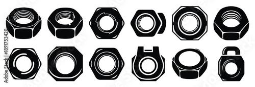 metal locking nut silhouette vector icons set, industrial machinery parts abstract mechanical illustration.