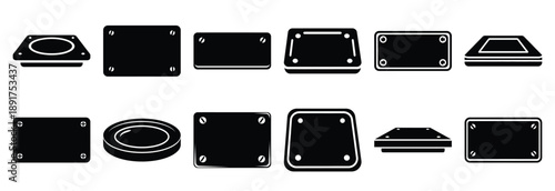 metal plate silhouette vector icons set, industrial machinery parts abstract mechanical illustration.