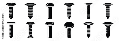 metal rivet silhouette vector icons set, industrial machinery parts abstract mechanical illustration.