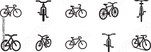 Bicycle set outline with side, top and front views for transport design, diagrams, manuals, and UI.
