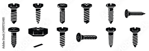 metal screw silhouette vector icons set, industrial machinery parts abstract mechanical illustration.