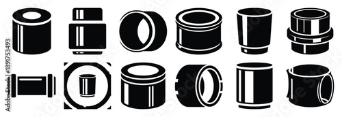 metal sleeve silhouette vector icons set, industrial machinery parts abstract mechanical illustration.
