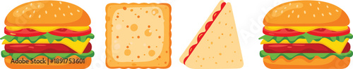 Cartoon fast food sandwiches and slices of cheese burgers