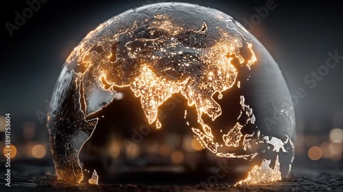 Glowing earth at night with city lights, conceptual background for global connection