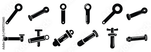 steel coupling pin silhouette vector icons set, industrial machinery parts abstract mechanical illustration.