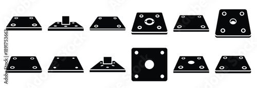 steel base plate silhouette vector icons set, industrial machinery parts abstract mechanical illustration.