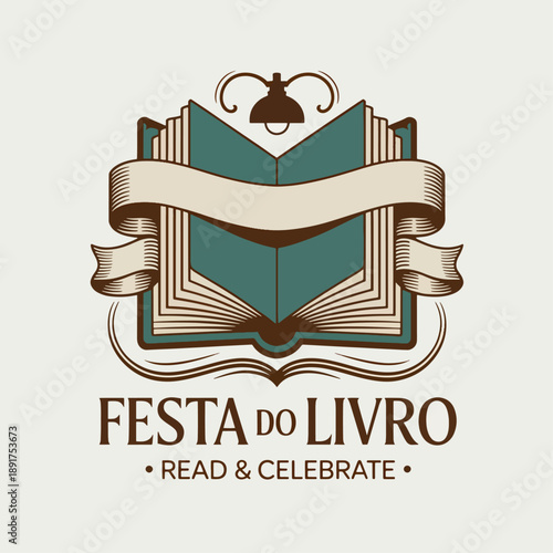 Festa do Livro ornate open book crest with scroll ribbons and decorative flourishes, read and celebrate literature festival emblem vector for fairs and schools