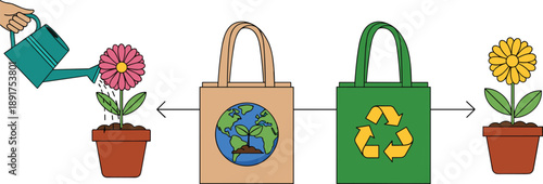Cartoon of eco friendly shopping bags and plants recycling sustainability
