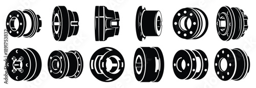 steel machine coupling silhouette vector icons set, industrial machinery parts abstract mechanical illustration.