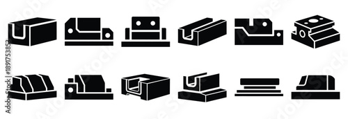 steel machine guide silhouette vector icons set, industrial machinery parts abstract mechanical illustration.