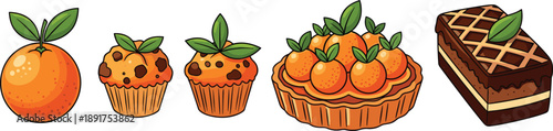 Cartoon orange fruit and desserts with green leaves muffins cake