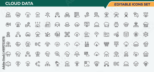Set of Cloud Data line icon. Contains such symbols as info, information, database, analysis, server and more. Thin web icons. Data Analysis line icon set. Editable vector. Pixel perfect.