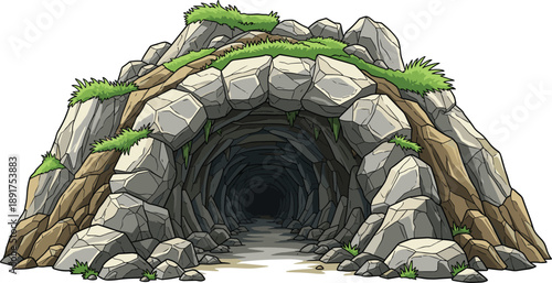 Cartoon rocky tunnel entrance with grass