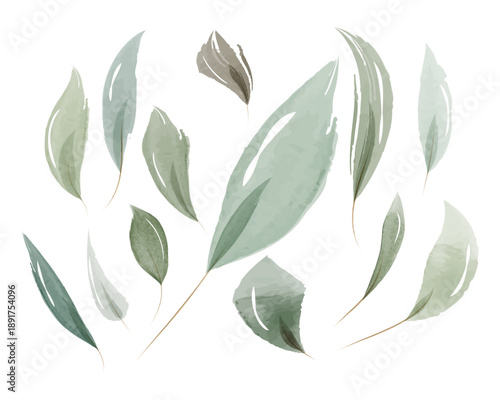 Numerous distinct watercolor leaves appear in various sizes and gentle green and grey hues.