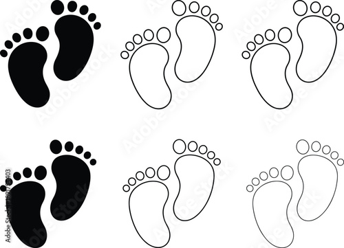Footprint, baby, icon, vector, illustration, sketch, outline, growth, development, symbol, tracking, motion, graphic, design, layout, minimal, black, top-down, stylized, pair