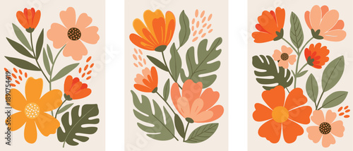 Colorful floral on beige background flowers leaves orange yellow green