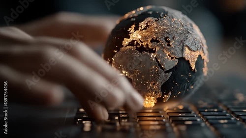 Hands typing on keyboard with glowing earth, representing global connection