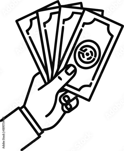 Hand holding a fan of money; financial transaction and payment concept; black and white line art vector
