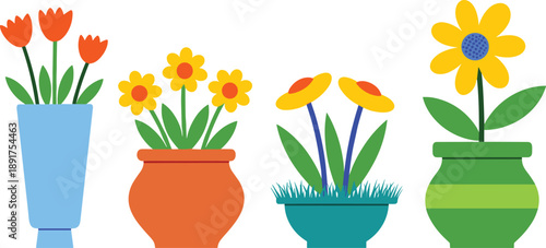 Colorful flower pots with different flowers flat white background vases