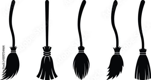 Set of stylized broomstick silhouettes in various designs, ideal for Halloween, fantasy themes, cleaning icons, or magical vector illustrations.