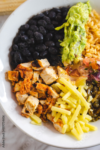 Mexican Chicken Bowl with Rice, Black Beans and Guacamole