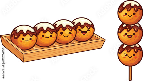 Dango balls with chocolate and white topping on a wooden tray and skewer
