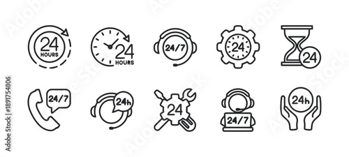 24/7 support icons showing clock, stopwatch, hourglass, and headset symbols with circular arrows to represent round the clock availability for service